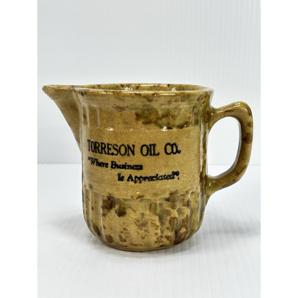 Antique Spatterware Pitcher‎ TORRESON OIL CO. Where Business Is Appreciated Gas